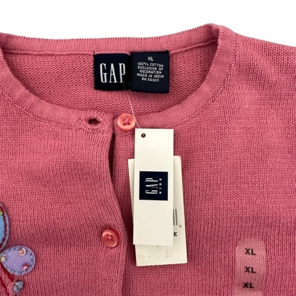 Gap Girls Cardigan Sweater XL Pink Flower Butterfly Appliqués Artsy NEW